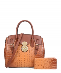 2in1 Crocodile Accented Satchel Handbag With Wallet CY-8921W COFFEE /